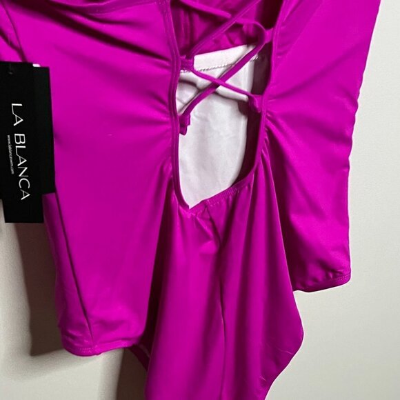 La Blanca Island Goddess Lace Back One Shoulder One Piece - Pop Pink Size 14 - Picture 6 of 7